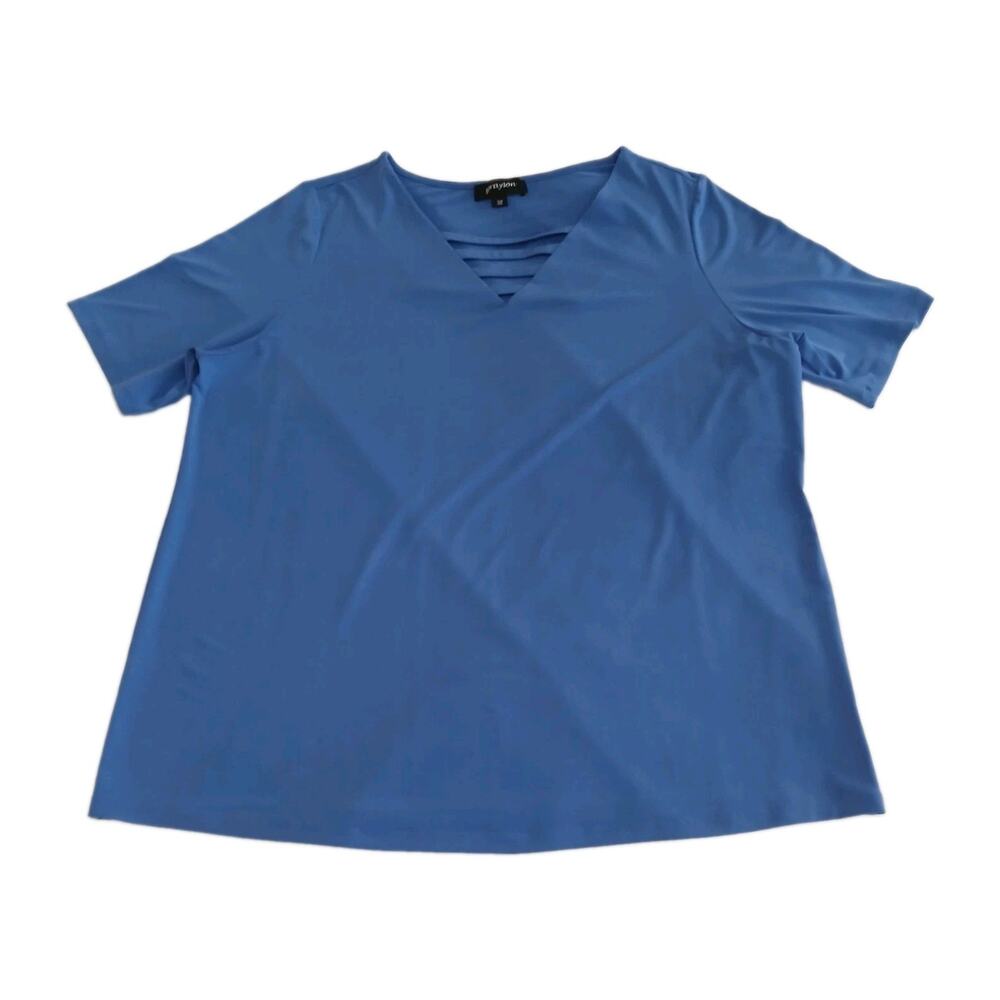 Grayson Women 3X Blue Lattice V-Neck Short Sleeve Tunic Blouse Plus Size Stretch